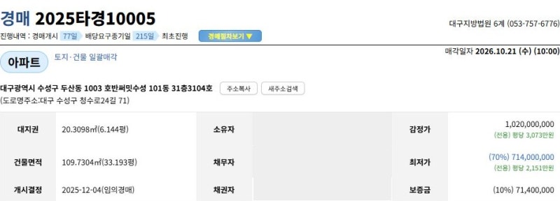 대구 수성구 두산동 호반써밋수성 경매 | 매매 8억 9,800만 원, 시작가 7억 1,400만 원 사진 3