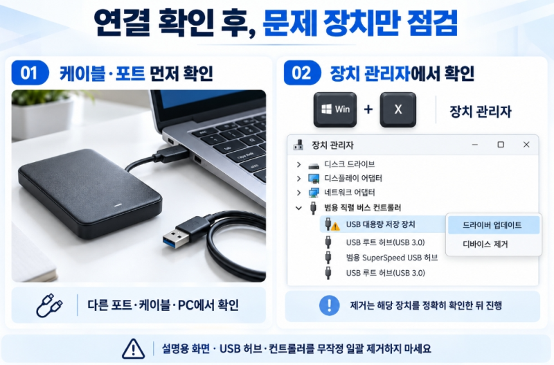 외장하드 및 USB 인식이 안 될 때 장치 관리자 드라이버 업데이트 조치법