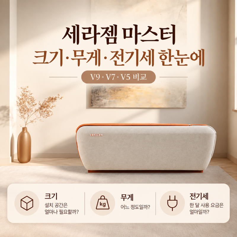 세라젬 마스터 V9·V7·V5 크기, 무게, 전기세 비교