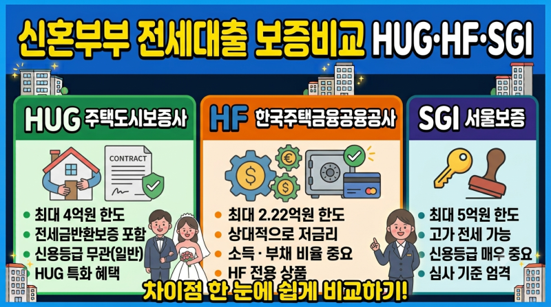 신혼부부 전세대출 HUG·HF·SGI 차이｜전세보증 쉽게 비교하기