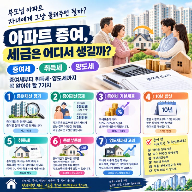 부모님 아파트 자녀에게 그냥 물려주면 될까? 증여세부터 취득세·양도세까지 꼭 알아야 할 7....