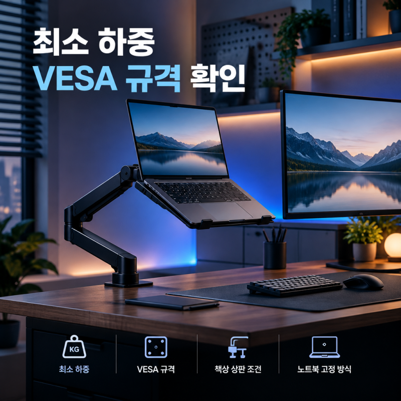 [노트북 모니터암] 초경량 노트북 설치 시 최소 하중과 VESA 규격 필수 체크