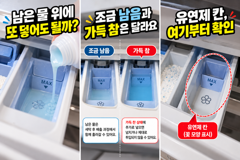 섬유 유연제 칸에 물이 남았어요, 그냥 넣고 또 세탁해도 될까?