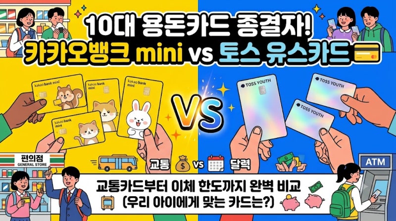 카카오뱅크 mini vs 토스 유스카드 비교: 10대 청소년 용돈카드 가입 조건·교통카드·이체 한도....