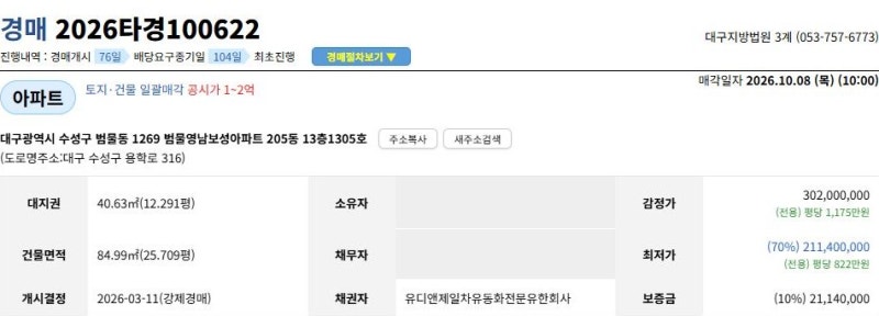범물역 인근 아파트 경매｜범물영남보성 84㎡, 최저 2억 1,140만 원 사진 3