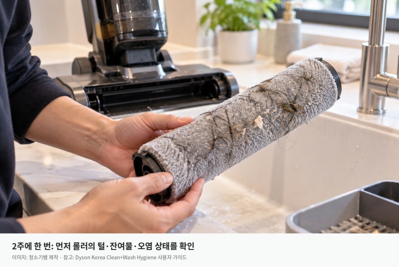 다이슨 클린앤워시 롤러, 2주마다 무엇을 점검하고 어떻게 씻을까?