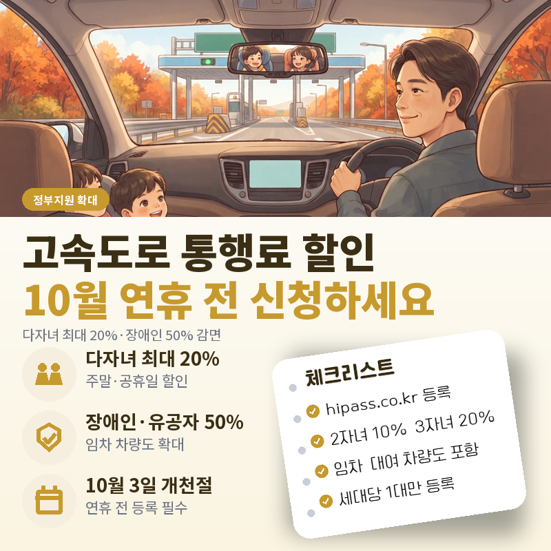 다자녀·장애인 고속도로 통행료 할인 신청방법, 10월 연휴 전 하이패스 등록 체크리스트