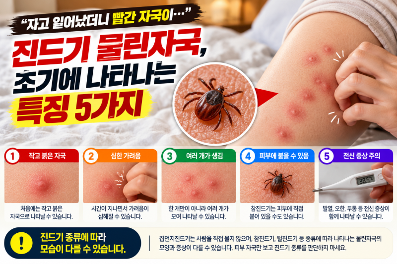 자고 일어났더니 빨간 자국이 진드기 물린자국, 초기에 나타나는 특징 5가지