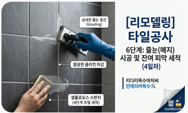 [리모델링] 타일공사 - 6단계: 줄눈(메지) 시공 및 잔여 피막 세척 (4일차)