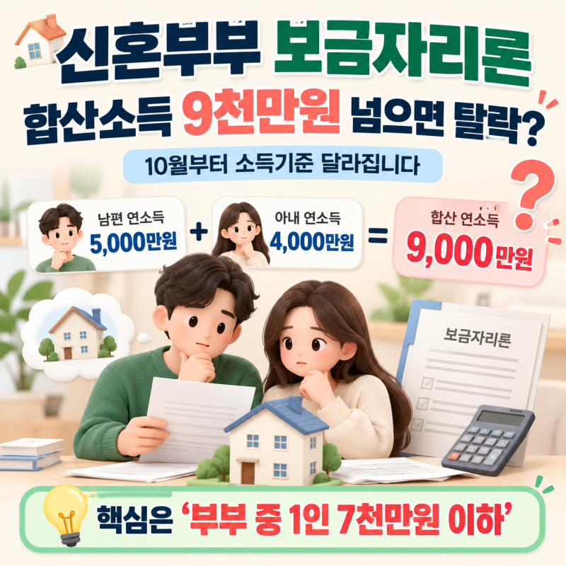 신혼부부 보금자리론,합산소득 9천만원 넘으면 탈락?10월부터 달라진다