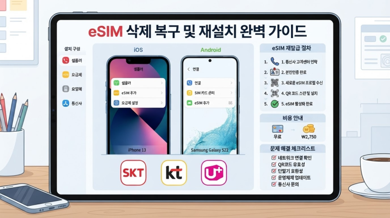 eSIM 실수로 지웠다면? 아이폰·갤럭시 재설치 방법과 SKT·KT·LG U+ 재발급 절차, 비용 정리