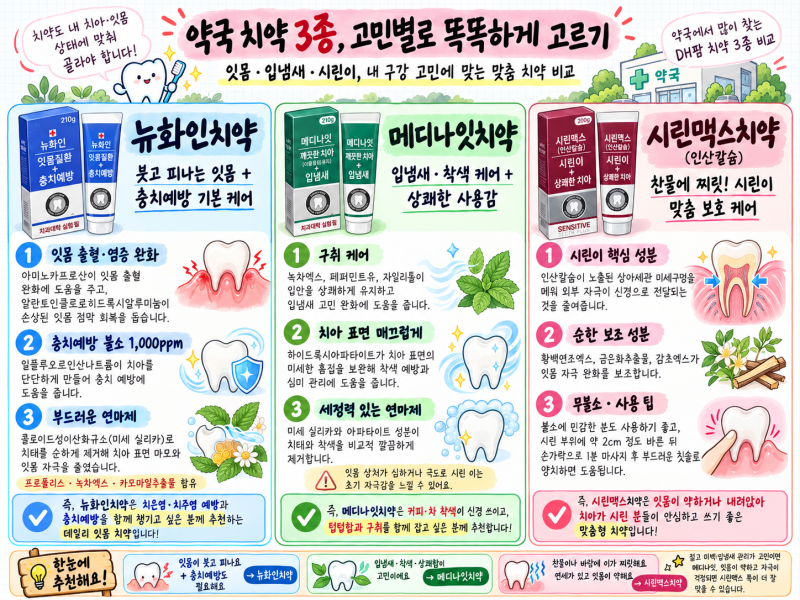 [약국 치약 비교] 잇몸/충치, 입냄새/미백, 시린이까지! 약사가 분석해 드리는 맞춤형 치약 추....
