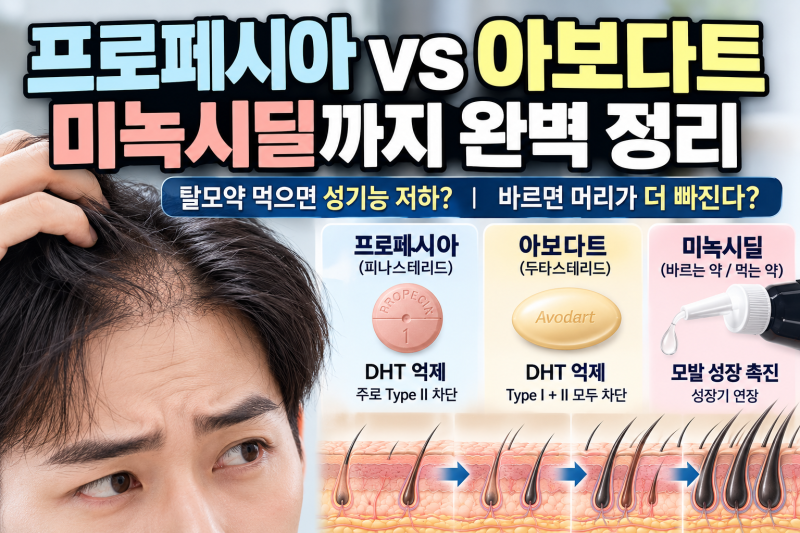 탈모약 종류 총정리 | 프로페시아·아보다트·미녹시딜 차이 & 부작용·쉐딩·복용기간·끊으....