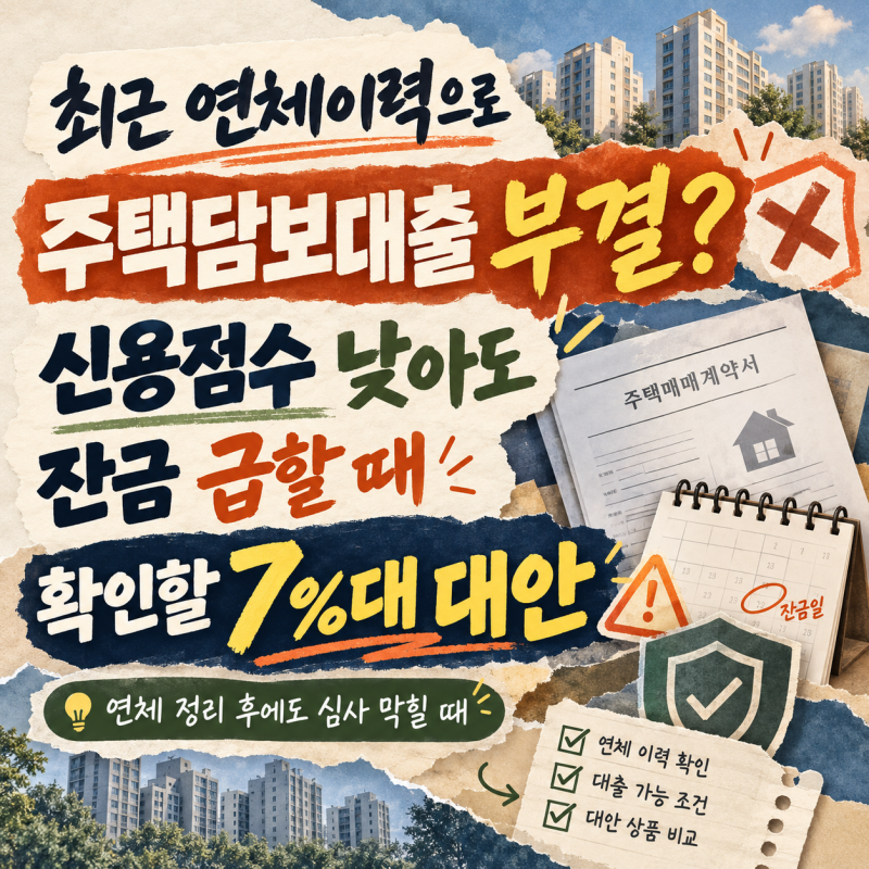 최근 연체이력으로 주택담보대출 부결됐다면? 신용점수 낮아도 잔금 급할 때 확인할 7%대 대....
