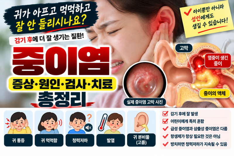 귀가 아프고 먹먹하며 잘 안 들린다면? 중이염 증상·원인·치료 총정리