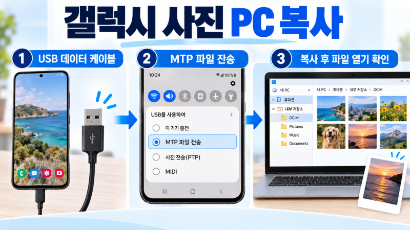 갤럭시 사진 컴퓨터로 옮기기, USB 데이터 케이블과 MTP로 복사하는 순서
