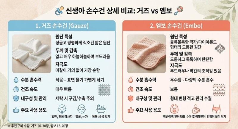 [육아]신생아 준비물(1) 아기 손수건 몇장 준비할까? 엠보,거즈 용도별 구분, 사용빈도 및 밤....