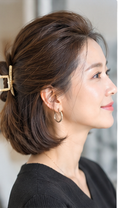 50대 여성 단발 반묶음 머리, 앞머리,묶는 위치만 바꿔도 분위기가 달라져요