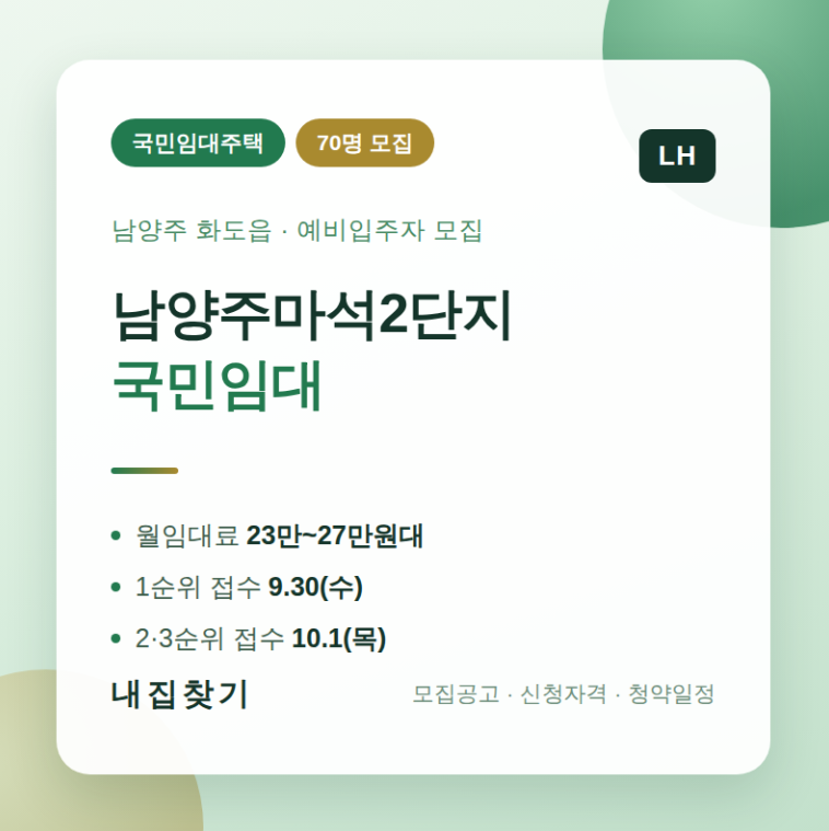 남양주마석2단지 국민임대주택 예비입주자 모집, 월세 23만원대 놓치지 마세요