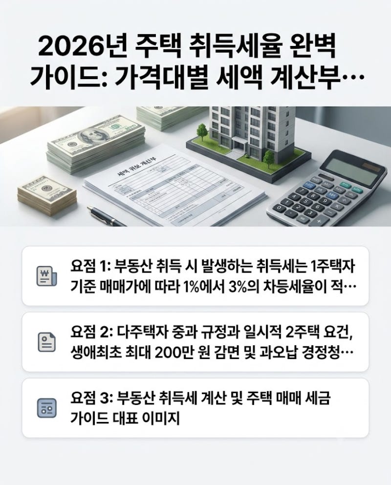 2026년 주택 취득세율 완벽 가이드: 가격대별 세액 계산부터 다주택 중과·생애최초 감면 총정....