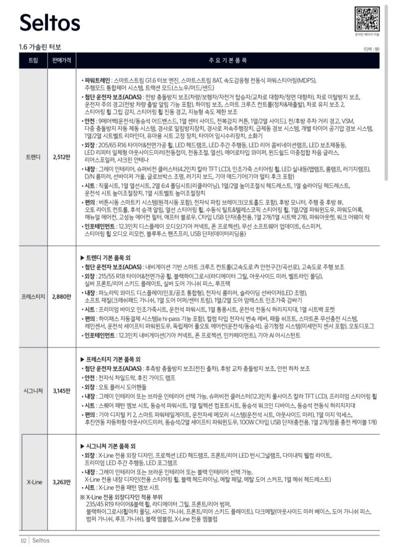 기아 셀토스 가격표 1.6 가솔린 · 하이브리드 - 천안 기아 두정대리점