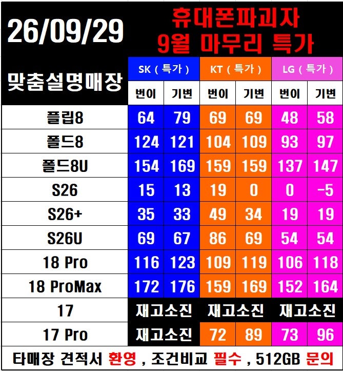목포남악휴대폰성지 9월 29일 시세표