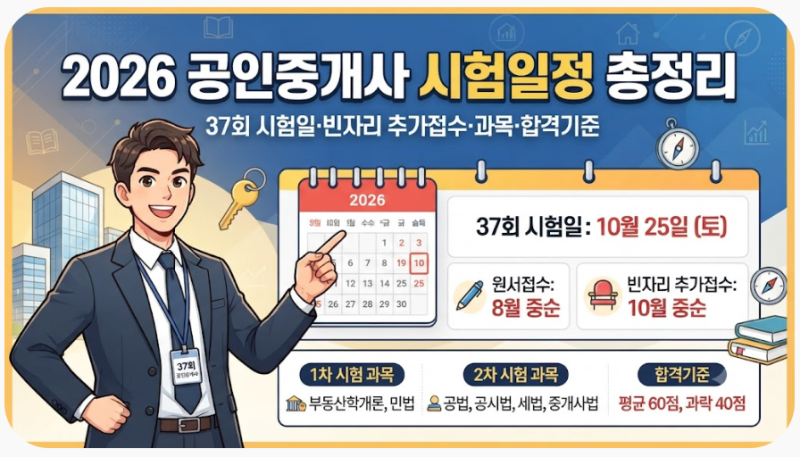 2026 공인중개사 시험일정｜37회 시험일·빈자리 추가접수·과목·합격기준 총정리