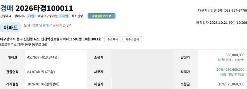 대구 동구 신천동 신천역센트럴리버파크 경매 | 매매 3억 4,500만 원, 시작가 2억 5,060만 원 사진 3