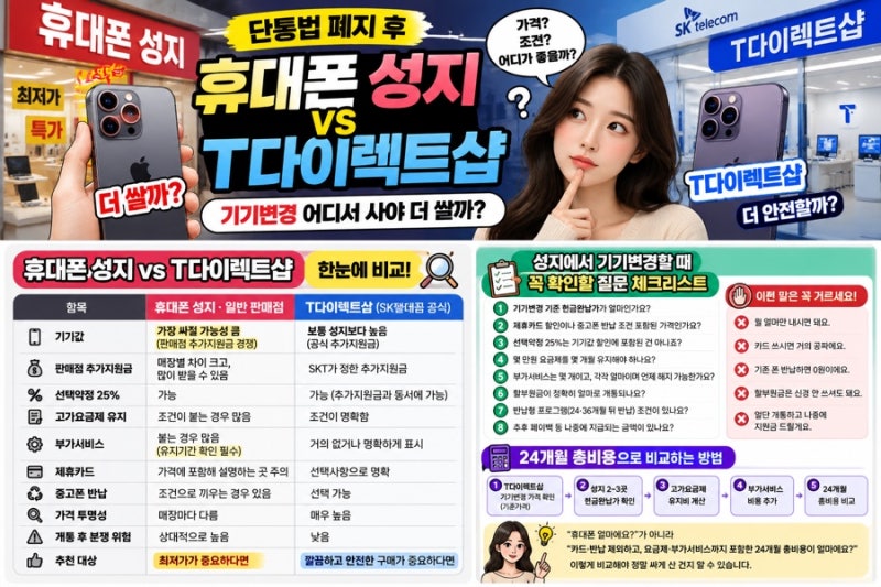 [생활유용] 핸드폰 싸게 사는 방법 단통법 폐지 후 휴대폰 성지 vs T다이렉트샵, 기기변경 어....