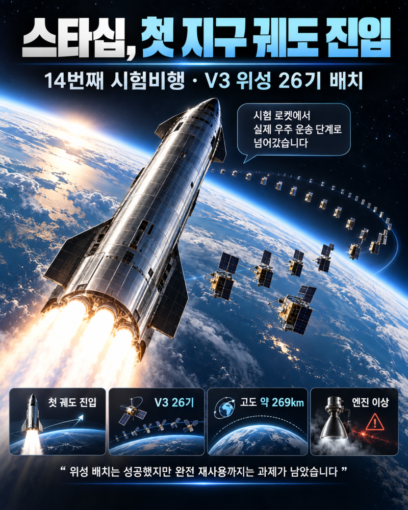 스페이스X 스타십 첫 지구 궤도 진입 성공, 스타링크 V3 26기 배치가 중요한 이유