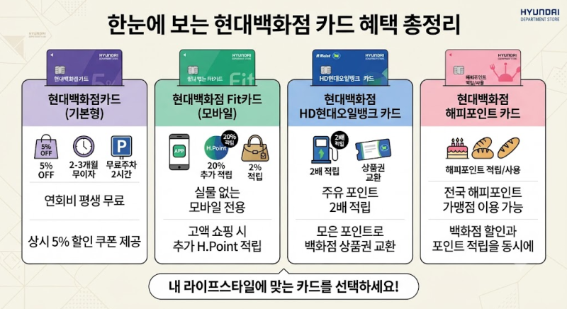 현대백화점 할인 제휴카드 종류 혜택 총정리 (연회비 무료, 주차, 무이자 꿀팁)