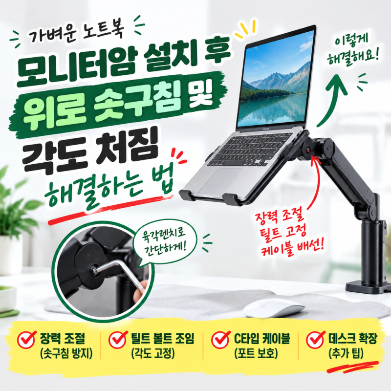 초경량 노트북 모니터암 설치 후 솟구침 장력 조절 및 틸트 고정 꿀팁