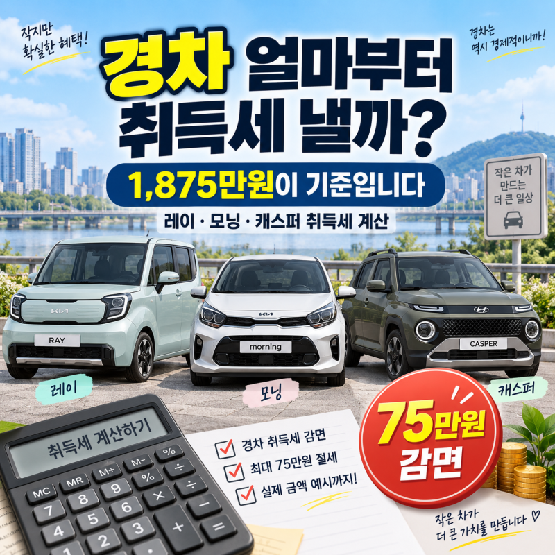경차 얼마부터 취득세 낼까? 레이·모닝·캐스퍼 1,875만원 기준 쉽게 계산