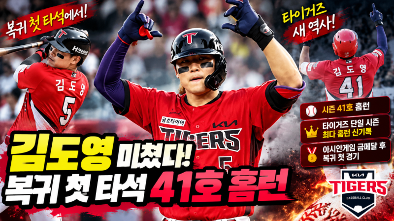 김도영 오늘 41호 홈런 폭발! 복귀 첫 타석에서 타이거즈 새 역사 썼다