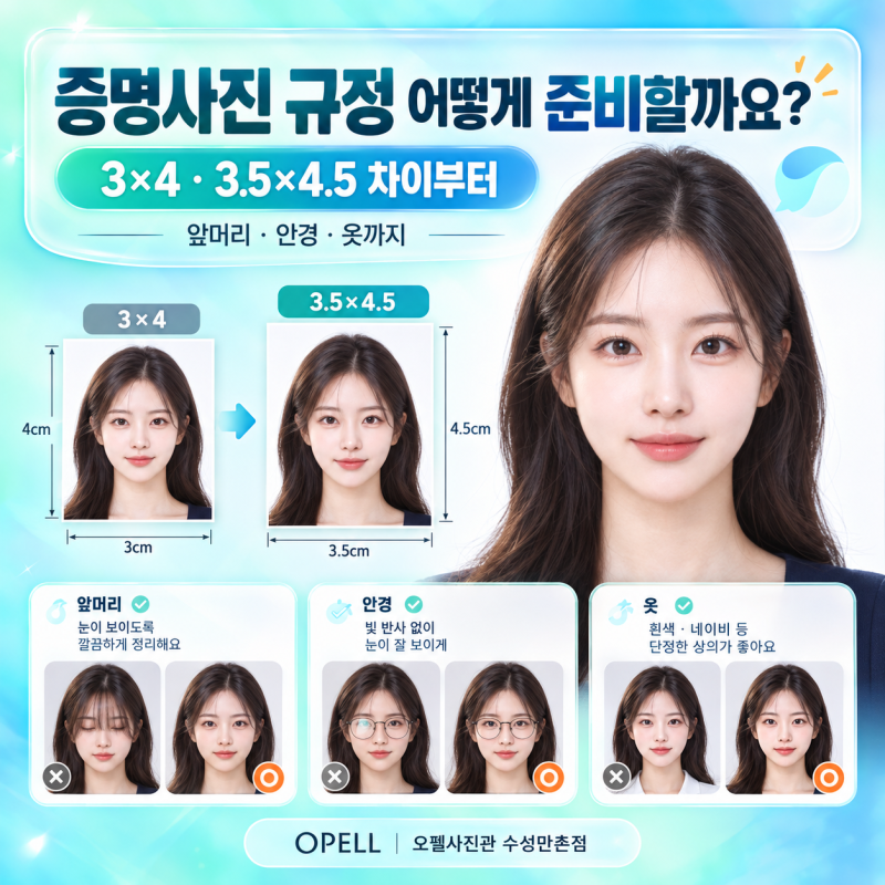 증명사진 규정 어떻게 준비할까요? 3×4·3.5×4.5 크기부터 앞머리·안경·옷까지 오펠사진관 수....