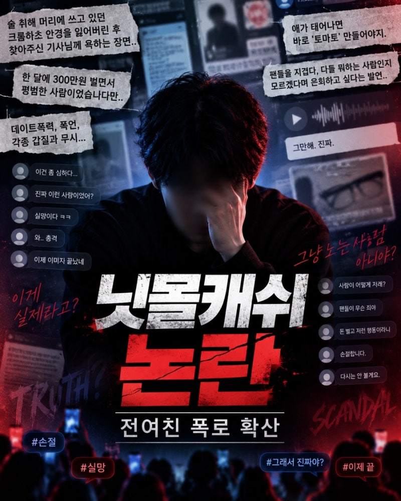 구독자 55만 닛몰캐쉬, 전 연인 주장 폭로 확산…계정 비공개·삭제