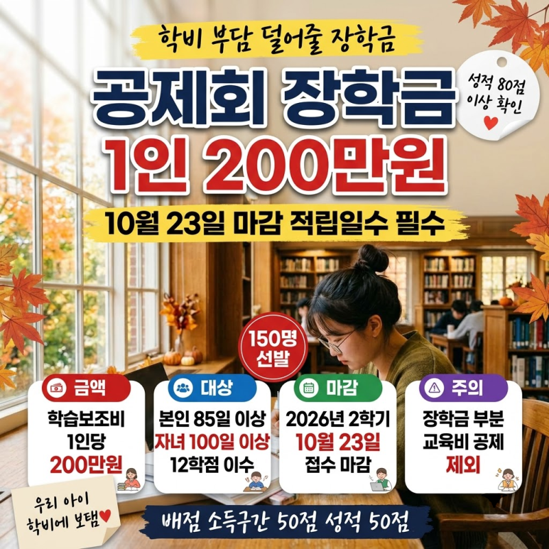 건설근로자공제회 장학금 200만원, 10월 23일 마감 적립일수부터 보세요(자격·배점·연말정산)