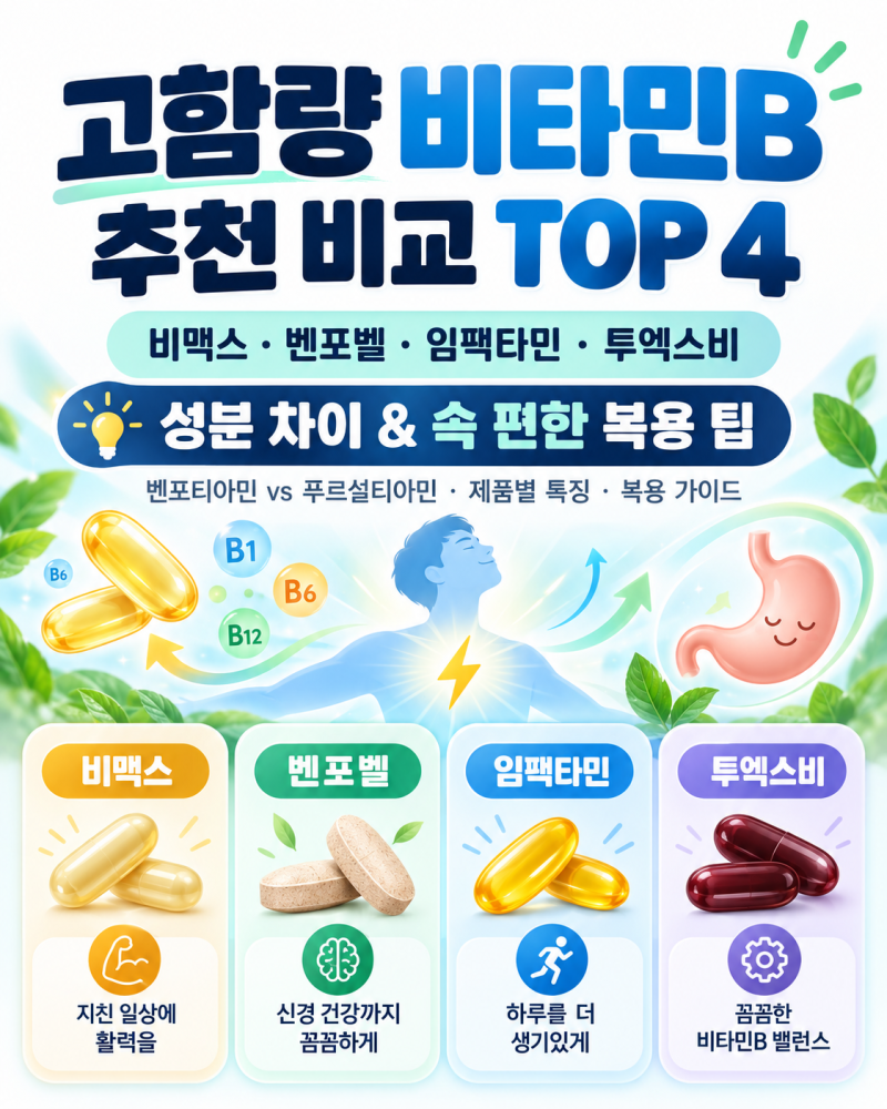 고함량 비타민B 추천 비교 TOP 4 (비맥스·벤포벨·임팩타민·투엑스비) 성분 차이 & 속 편한 복....