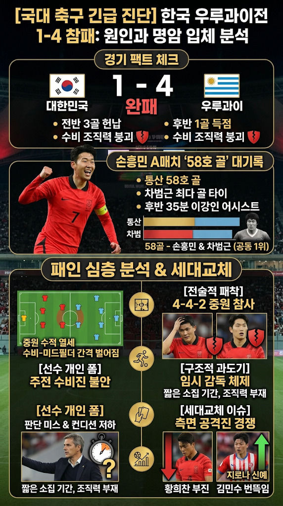 한국 우루과이전 1-4 참패의 충격: 손흥민 58호 골의 명암과 '전술 vs ....