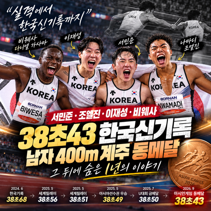 조엘진·비웨사 38초43 한국신기록, 남자 400m 계주 동메달 뒤에 숨은 1년