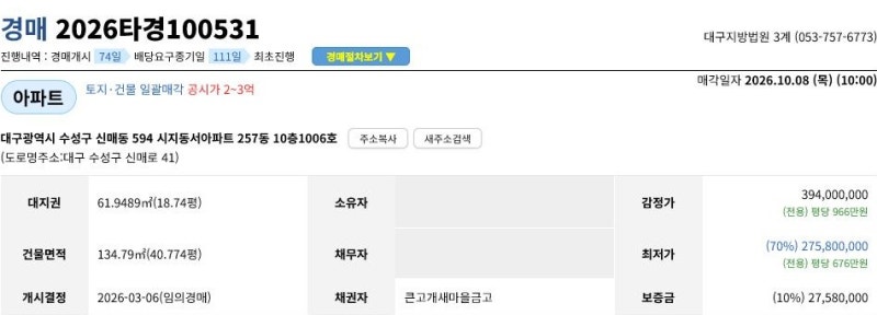 수성구 시지동서아파트 경매｜전용 134㎡, 7월 거래보다 4,920만 원 낮은 최저가 사진 3