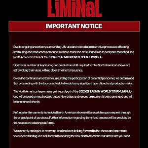 [안내] 2026-27 태민 월드투어 <LiMiNaL> 북미 공연 연기 안내