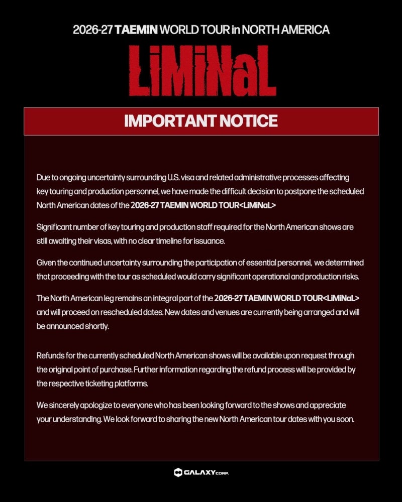 [Notice] Postponement of 2026-27 Taemin World Tour  North American Performances