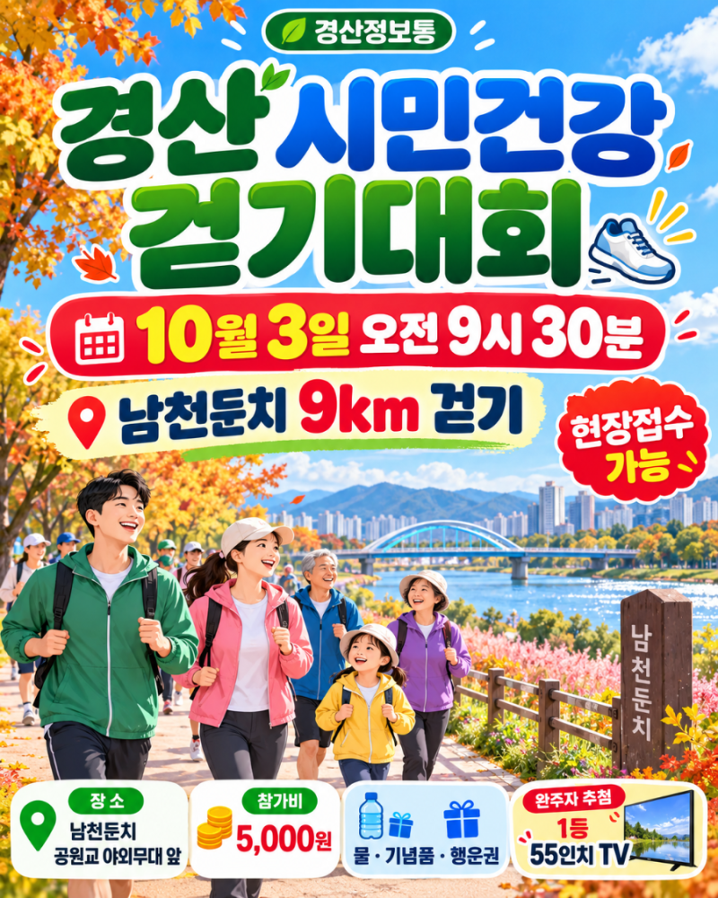 경산 10월 3일 시민건강 걷기대회 열려요｜남천둔치 9km 걷기·현장접수 가능