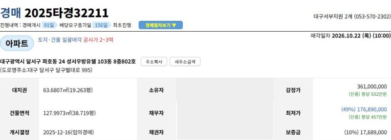 대구 달서구 파호동 성서우방유쉘 경매 | 매매 3억 5,000만 원, 시작가 1억 7,689만 원 사진 3