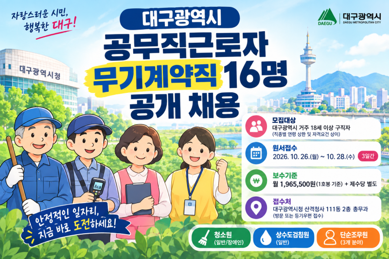 2026년도 제2회 대구광역시 공무직근로자 채용 공고｜청소원·상수도검침원·단순조무원 선발....