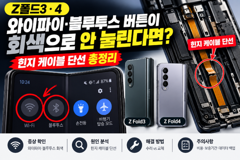 Z폴드3·4 와이파이·블루투스 버튼이 회색으로 안 눌린다면? 힌지 케이블 단선 총정리