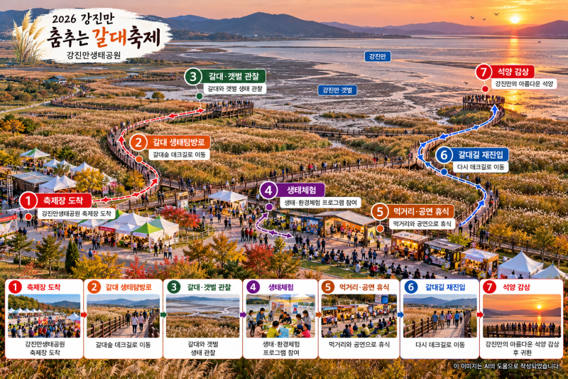 2026 강진만 춤추는 갈대축제! 갈대숲 따라 걷고 석양까지 보는 가을여행