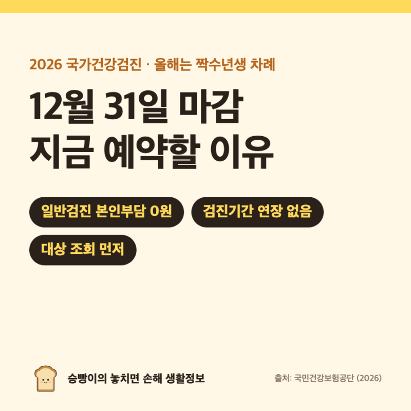 2026 국가건강검진 대상자｜짝수년생 · 12/31 마감(연장 없음) · 일반검진 0원 · 위암 40세↑·....