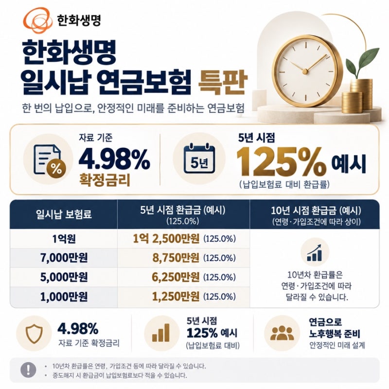 일시납 연금보험 4.98% 확정금리 5년 125% 환급률 특판, 언제 종료될까?”